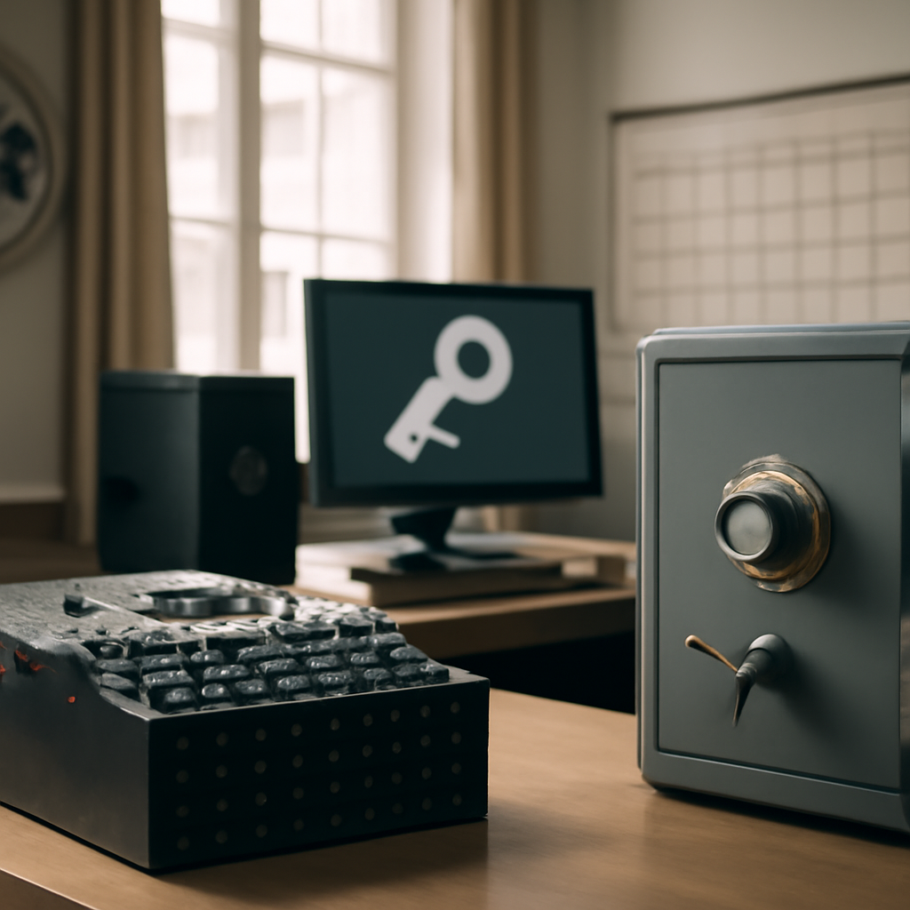 Government officials surrounded by traditional and modern cryptography tools, including a combination lock and computer…