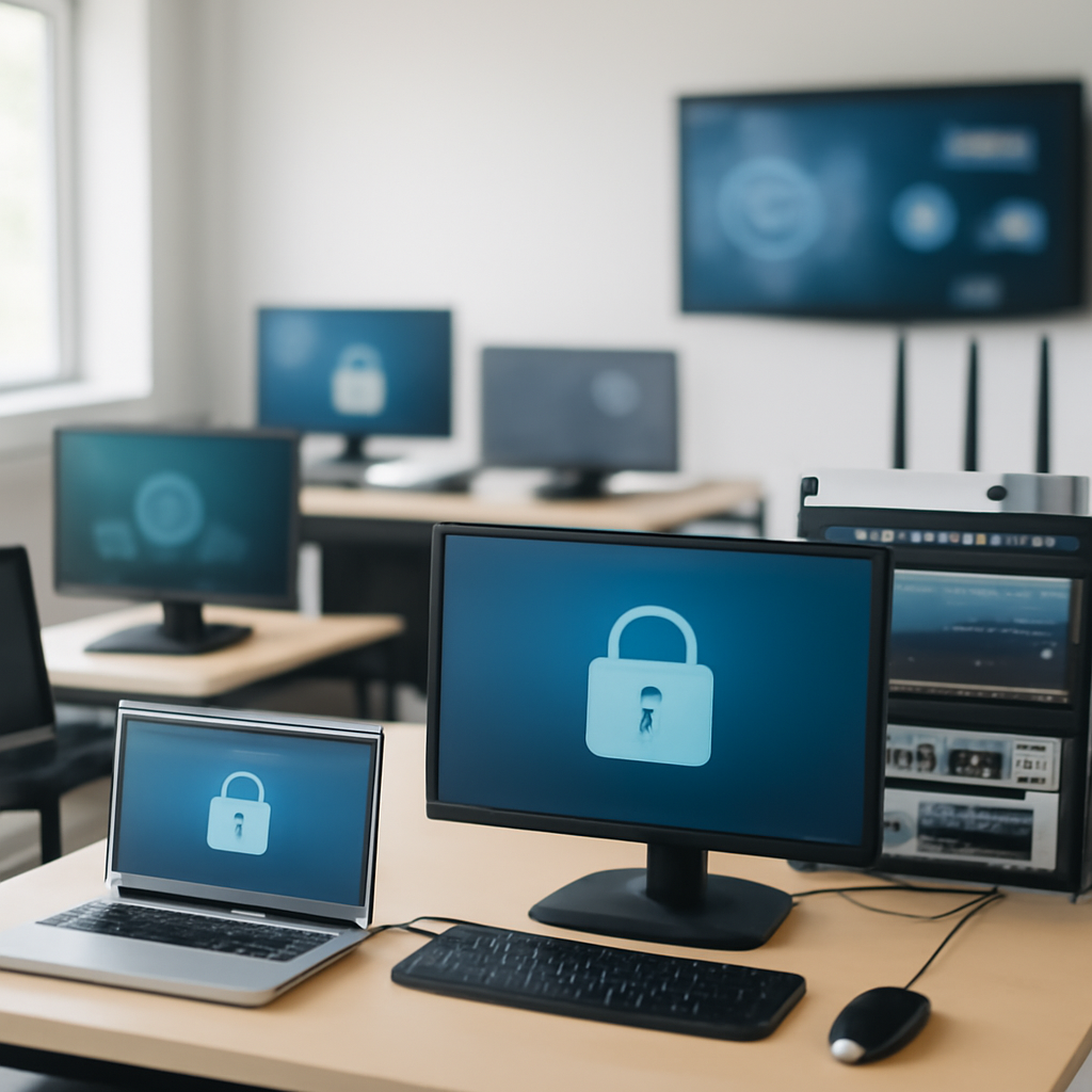 Secure testing environment with computer workstations and networking devices.