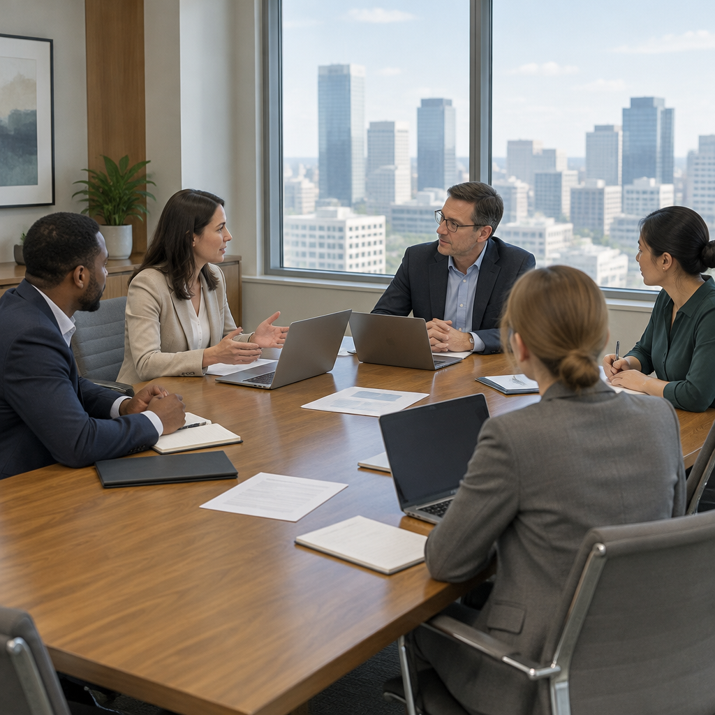 Collaborative meeting room with laptops and papers on a large wooden table near a tall window.