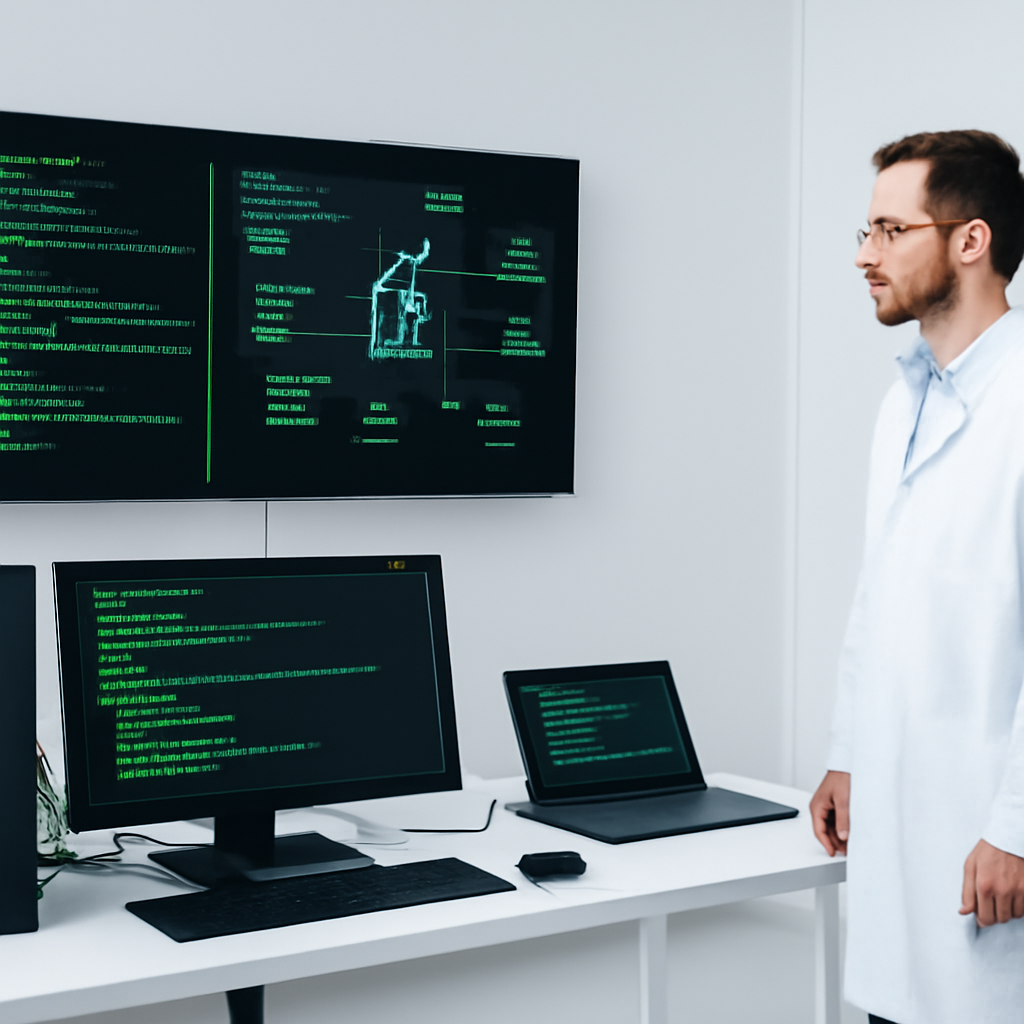 Modern lab with computer equipment and large screen displaying code or network diagram, with a professional nearby.