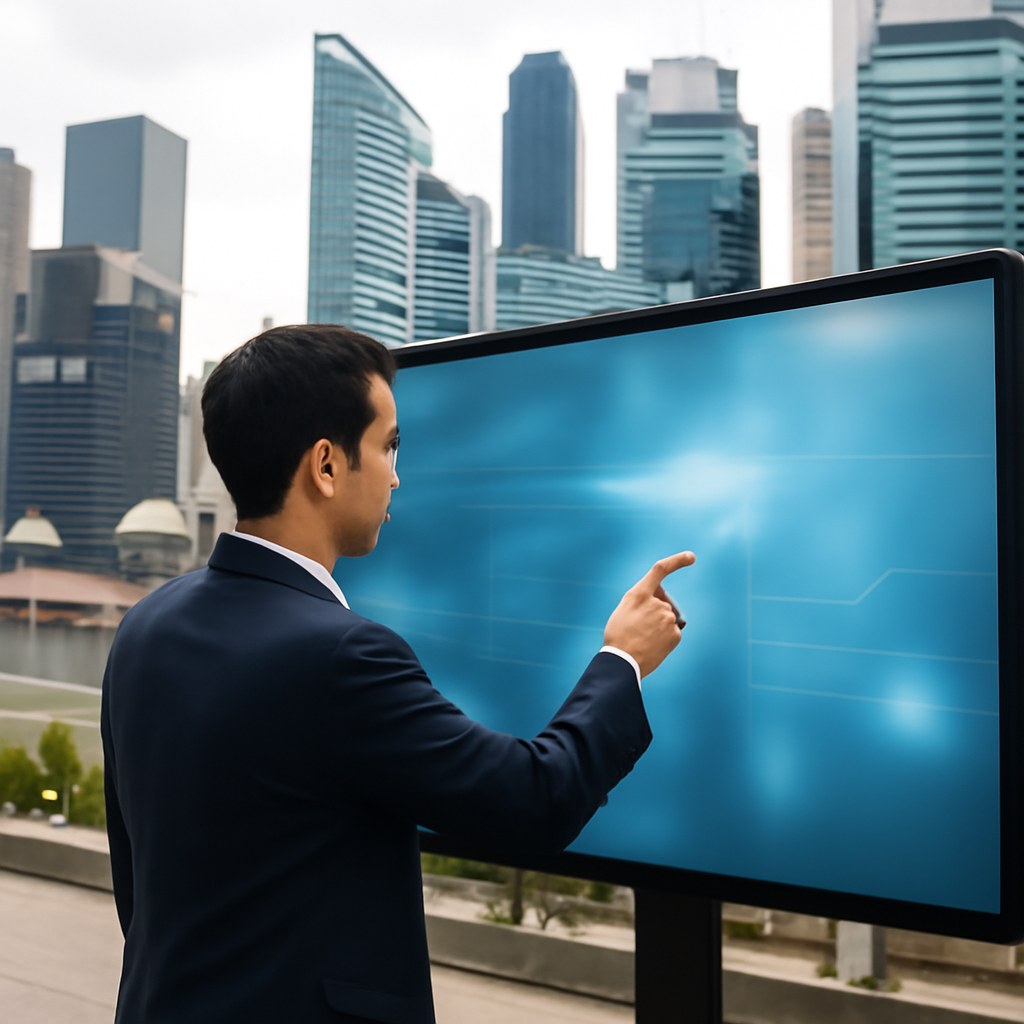 Cybersecurity expert stands in front of large screen in modern Singapore business district.