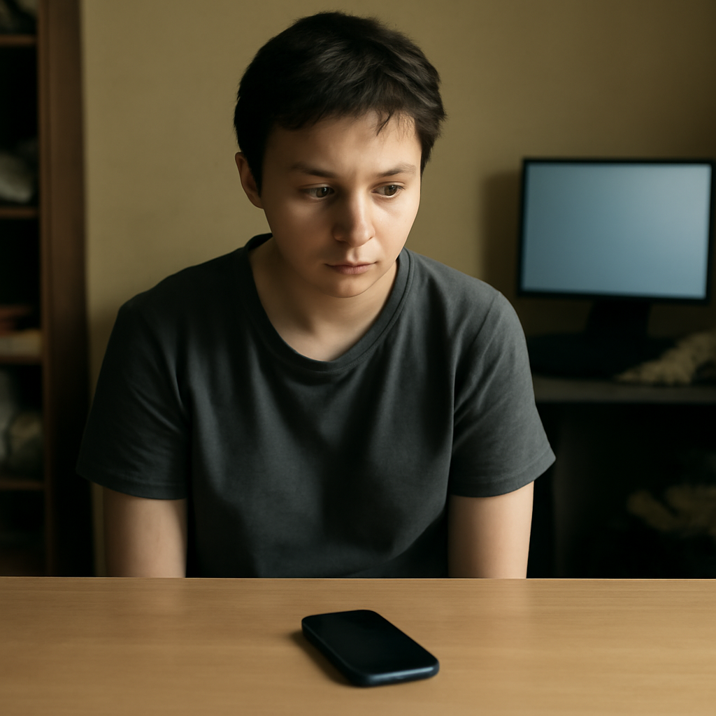 Person sits in dimly lit room, neutrally expression, staring at smartphone.