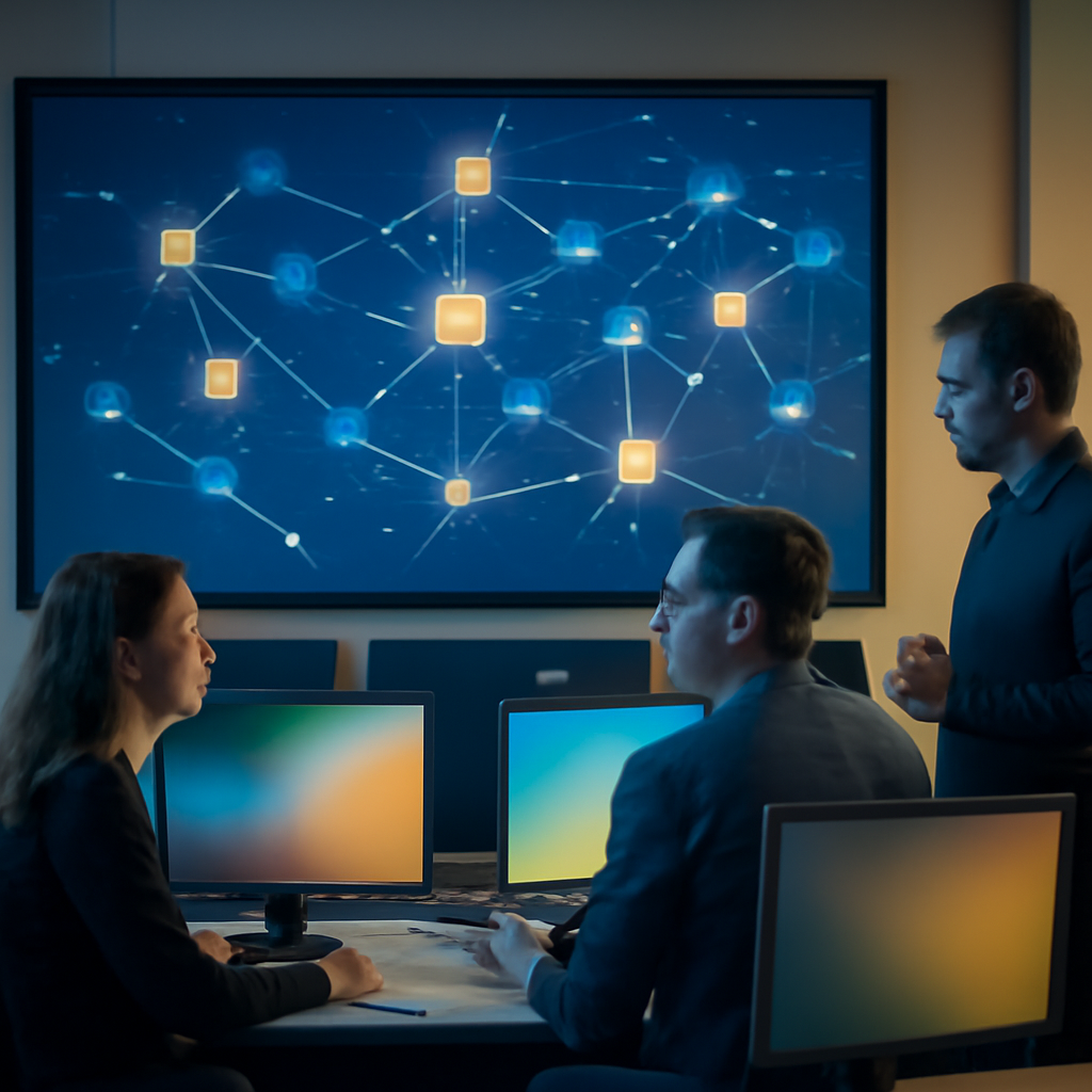 Blockchain network operations center with large screen displaying visualization.