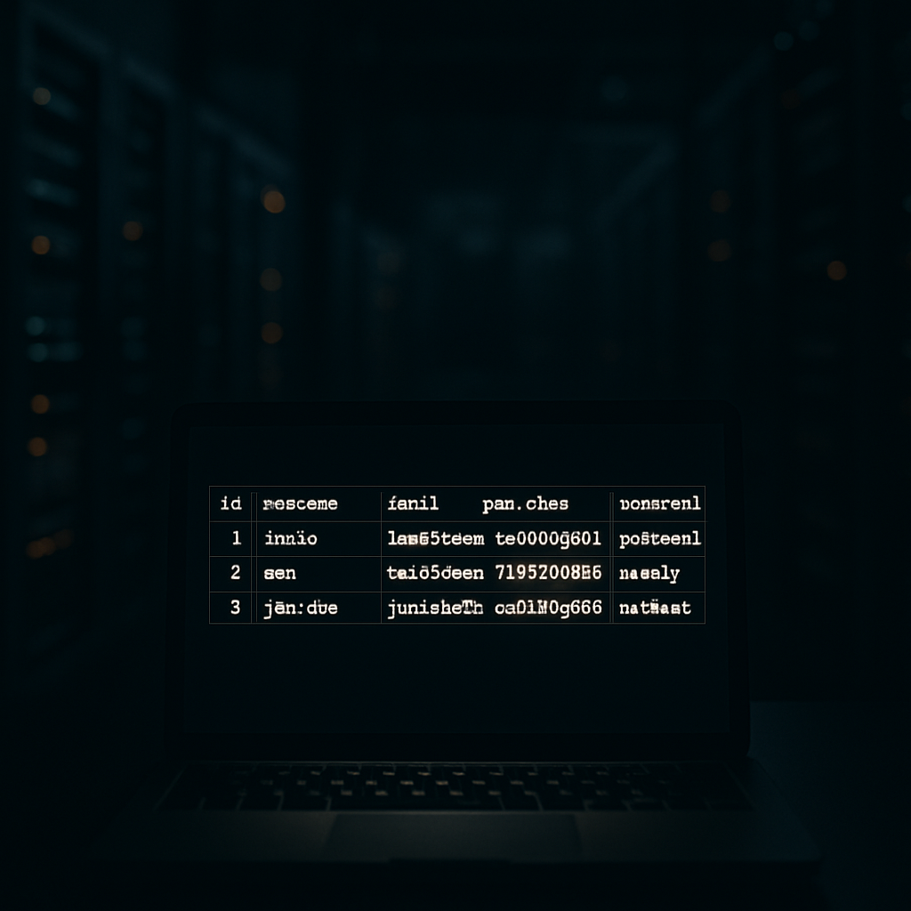 Dimly lit server room with a laptop screen displaying sensitive API tokens and credentials.