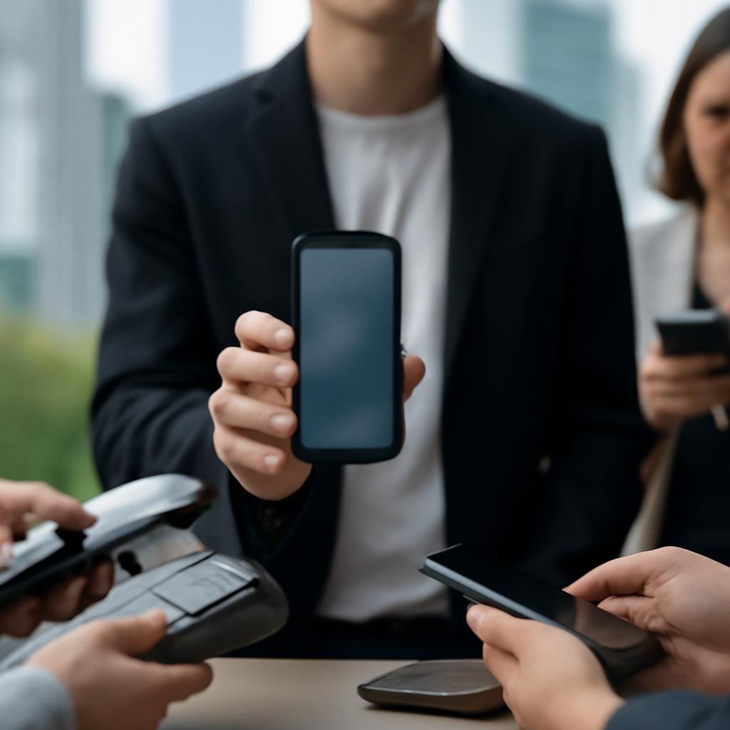 Person holding smartphone stands among others in a modern financial district.