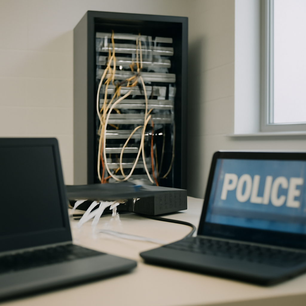 Law enforcement operation aftermath with organized network equipment in a clean, brightly-lit room.