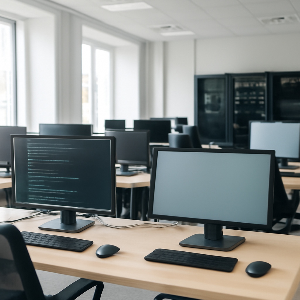 Brightly-lit software development workspace with multiple workstations and monitors.