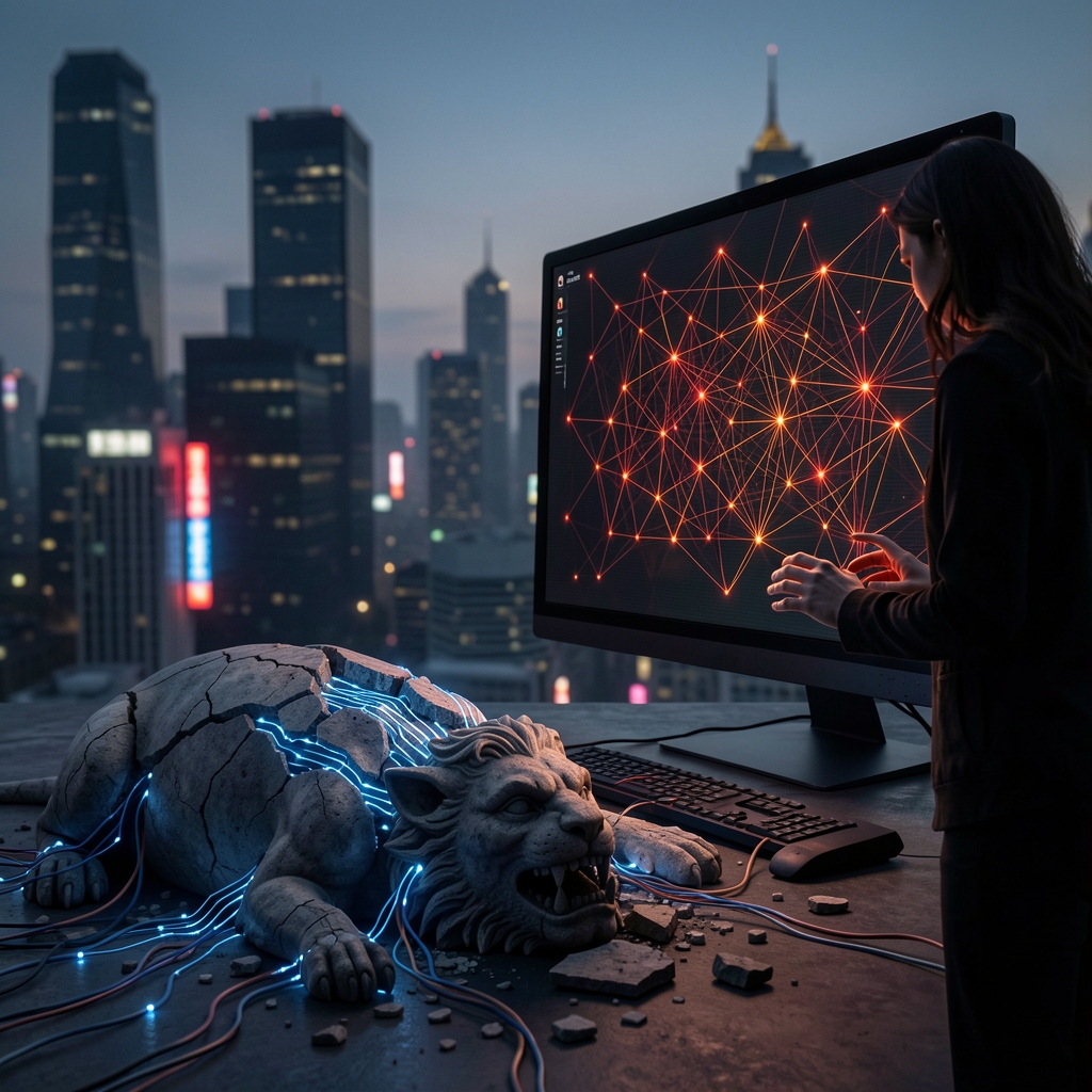 Cybersecurity expert stands before a large screen displaying a network with highlighted vulnerabilities.