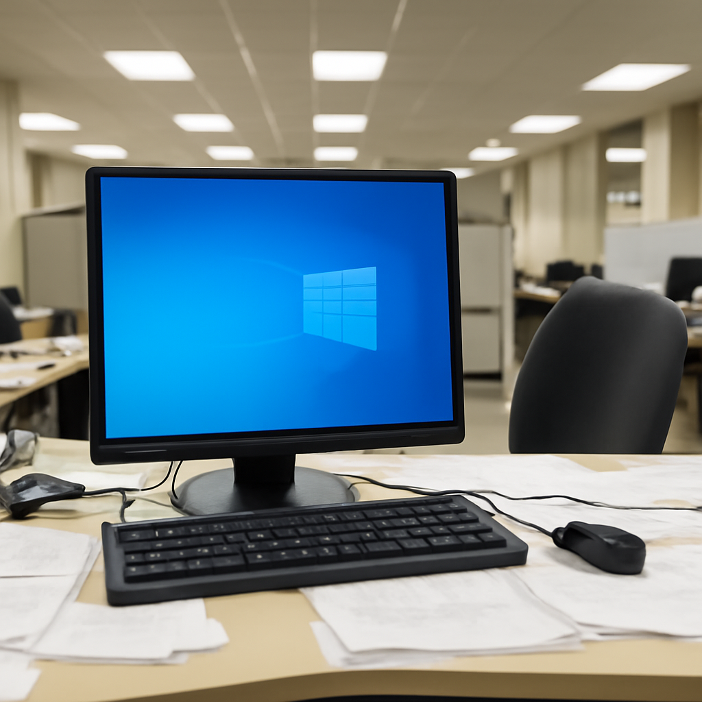 Windows desktop computer on cluttered office desk with blank screen.