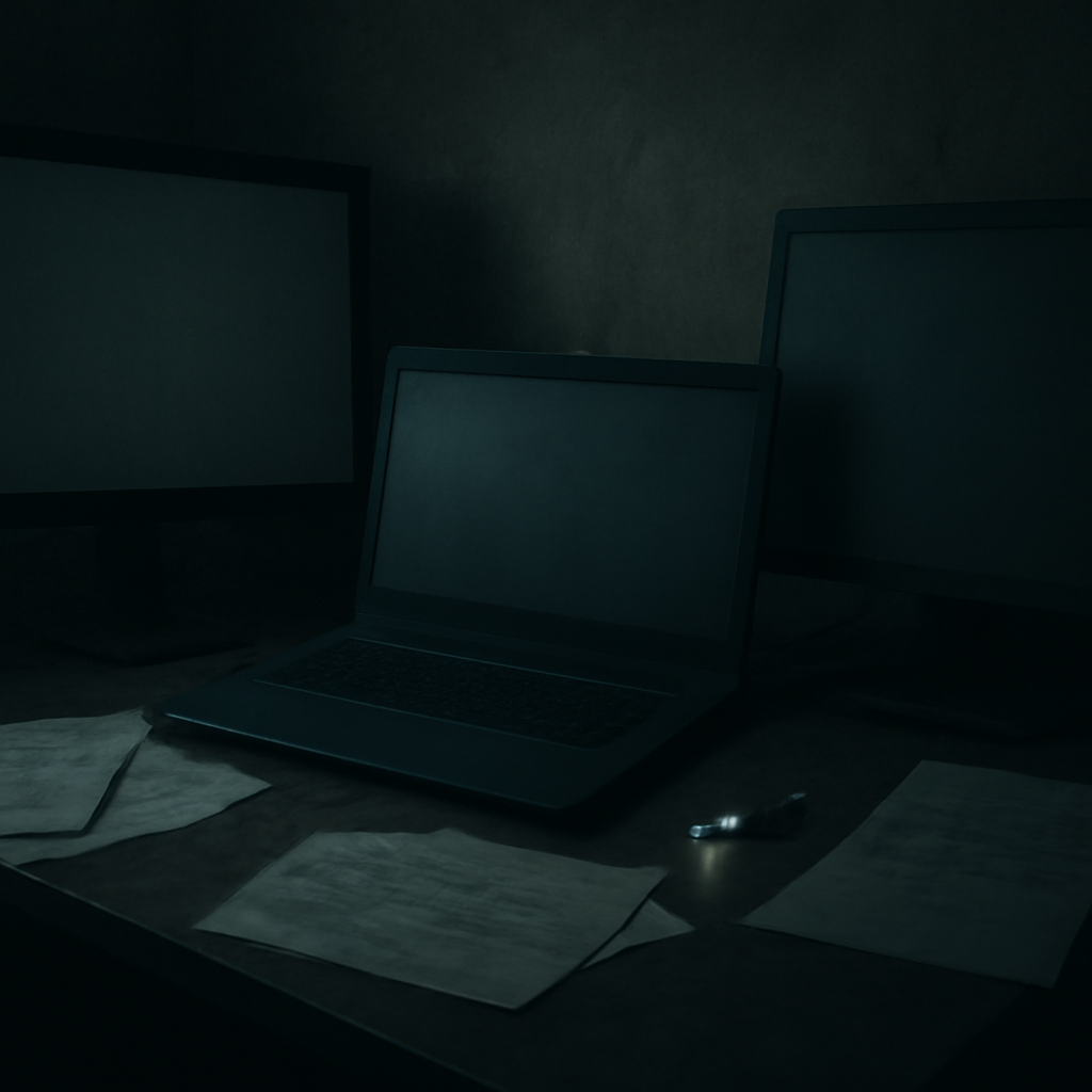 Dimly lit computer workstation with laptop, empty screens, and a glowing USB drive.