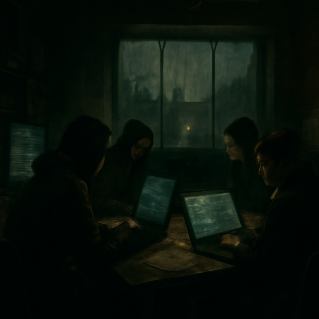 Dimly lit underground forum with individuals around a table surrounded by computer equipment and screens.