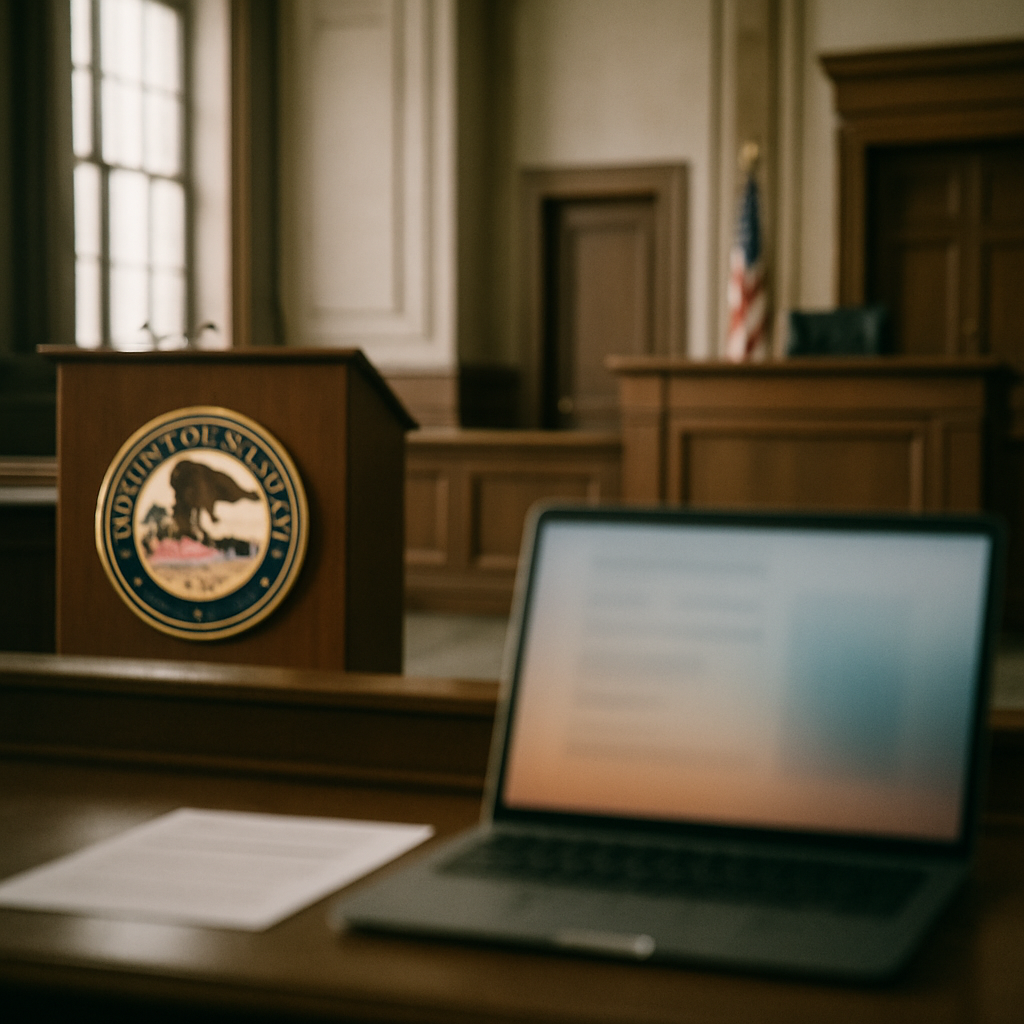 Government building interior with judge's bench and US Attorney's seal, daylight through tall windows.