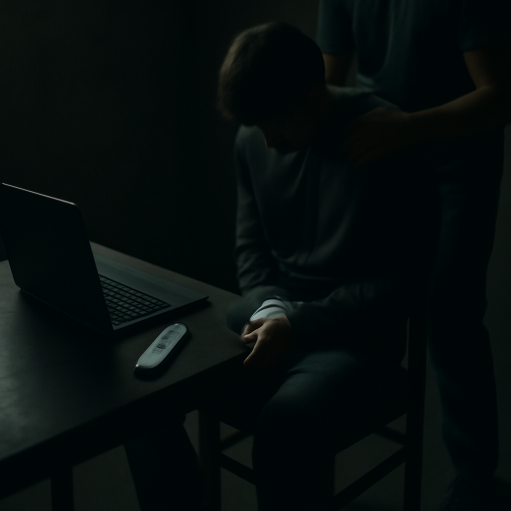 Person restrained in dark room with laptop and crypto hardware wallet nearby.
