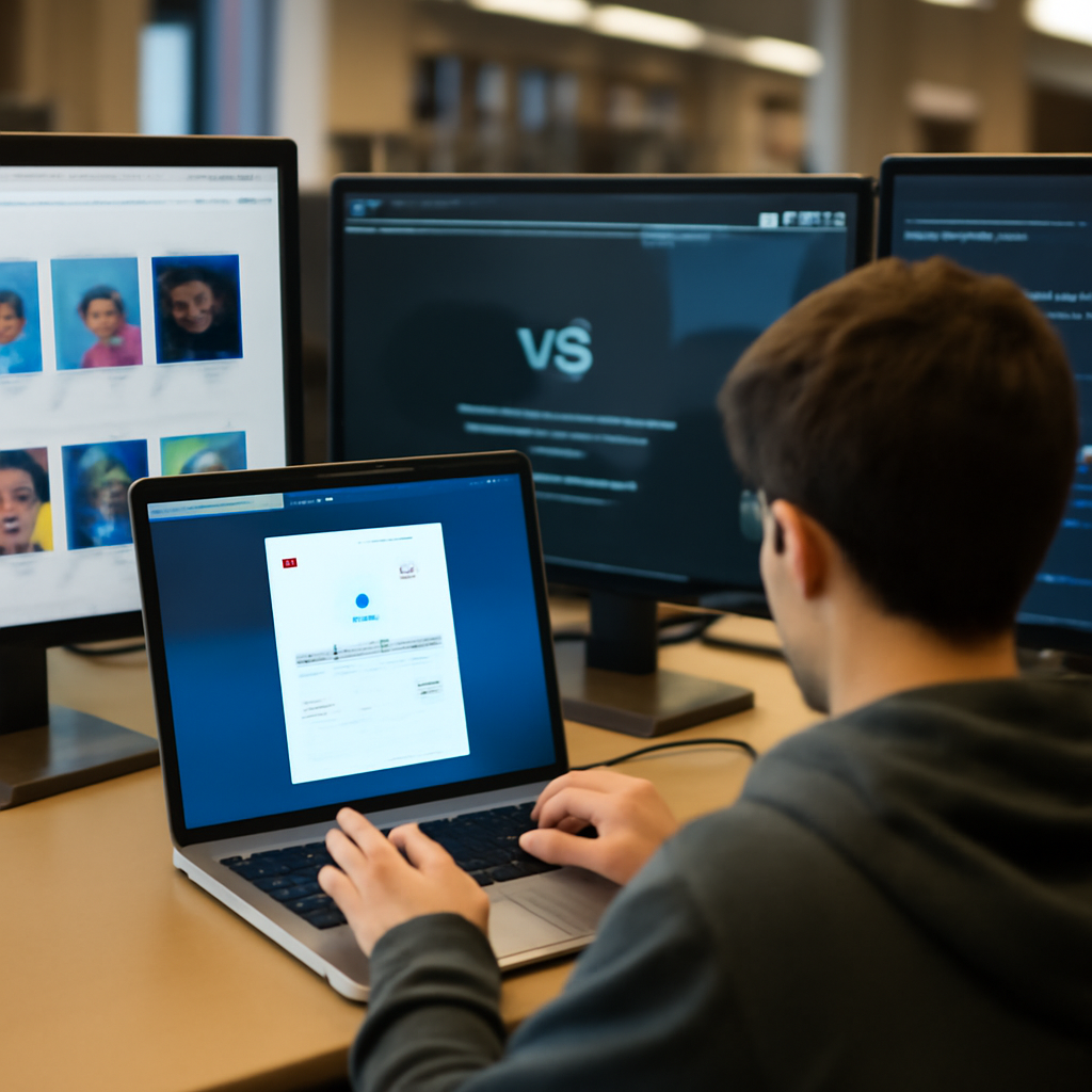Person sitting at desk with laptop and crypto wallet interface surrounded by multiple monitors in a university setting.