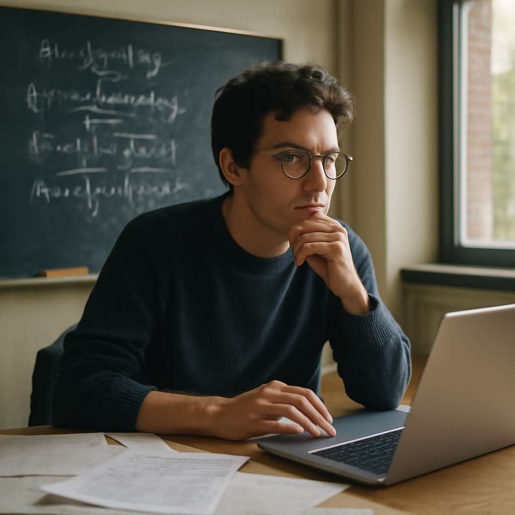 Cryptographer pauses at desk, surrounded by papers and laptop, lost in thought.
