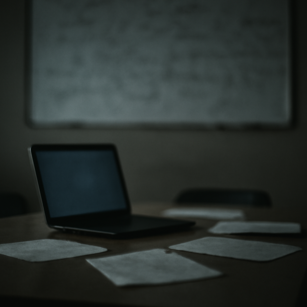 Dimly-lit room with scattered papers, laptop, and illegible whiteboard scribbles.