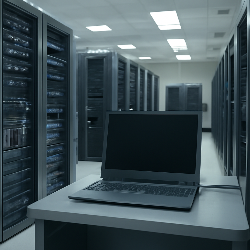 Rows of computer servers and networking equipment in a brightly-lit data center with a single unoccupied workstation in the…