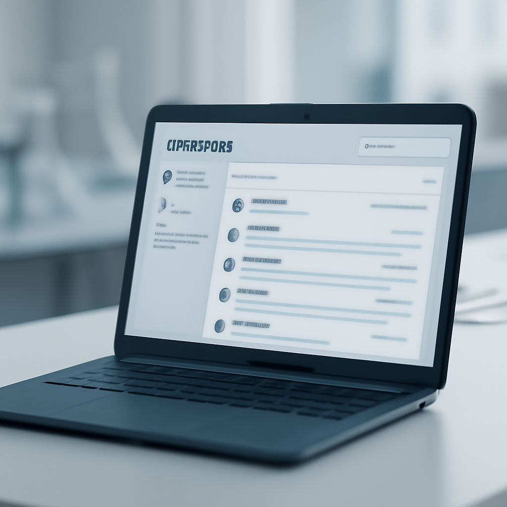 Laptop screen displays a webmail interface in a quiet, well-lit setting.