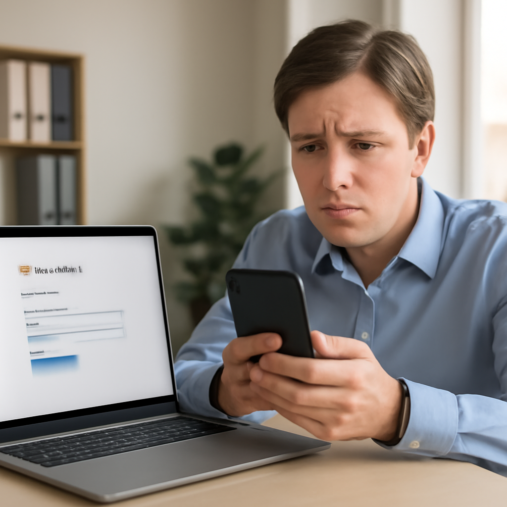 Concerned office worker holding a smartphone with a laptop displaying a Microsoft 365 login page in front of them.
