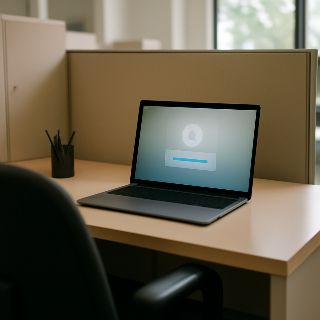 Laptop on a desk in a neutral office setting with blurred screen.