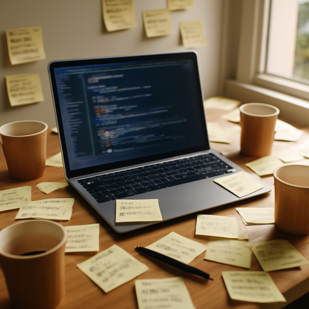 Cluttered developer workspace with laptop, notes, and coffee cups in natural daylight.