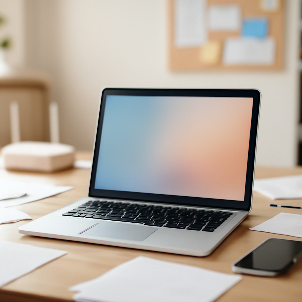 Laptop and smartphone on a cluttered home office desk with blurred laptop screen.
