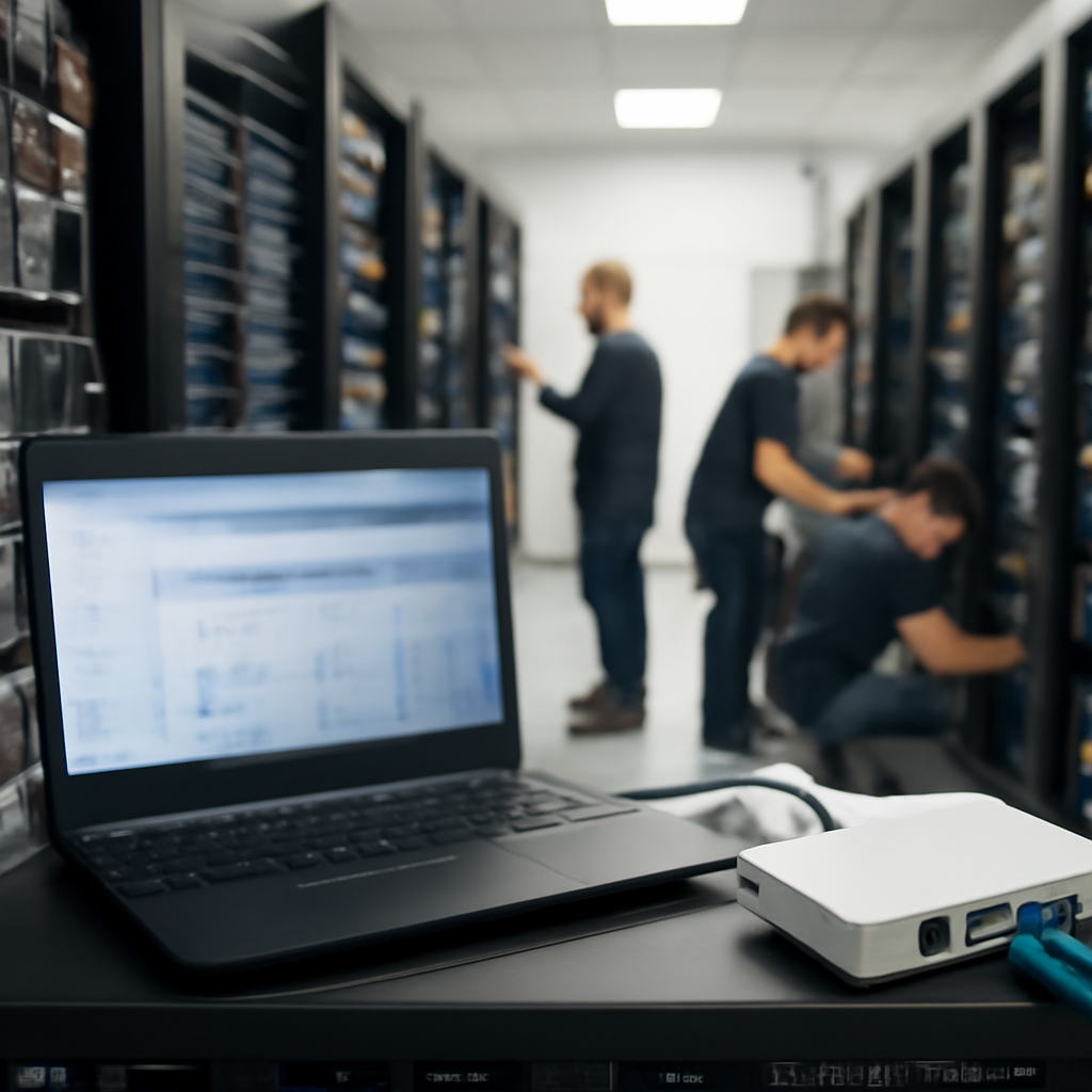 Technicians work in a server room with rows of computer equipment, a laptop in the foreground with a blurred screen and…
