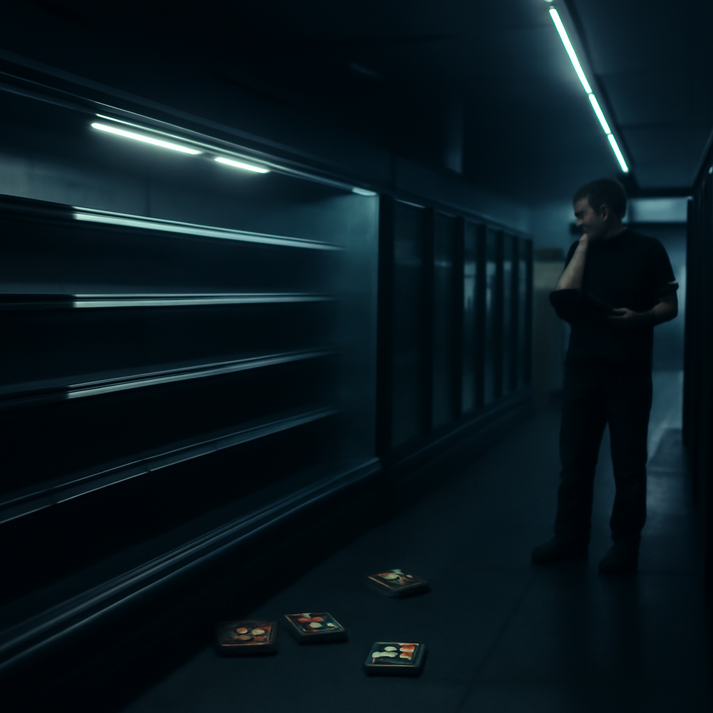 Darkened refrigeration units and empty shelves in a dimly lit supermarket aisle with a concerned employee in the background.