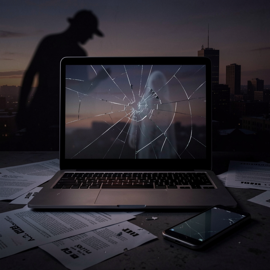 Cracked laptop screen, scattered papers with censored text, and broken smartphone amidst a dark, ominous cityscape.