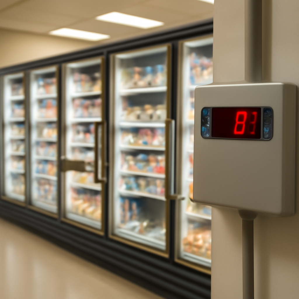 Refrigeration controller box in foreground, with display cases in background.