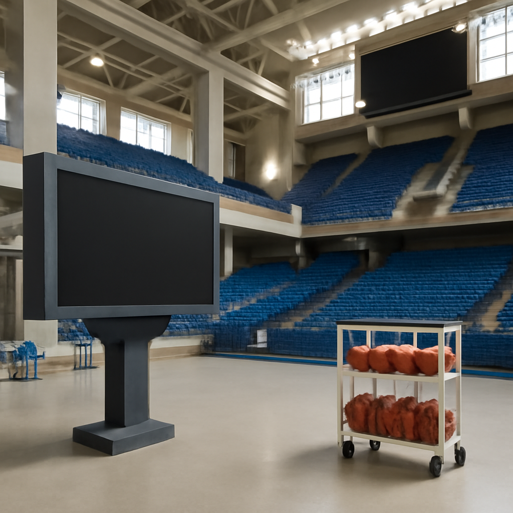 Brightly-lit sports stadium interior with scoreboard and tiered seating.