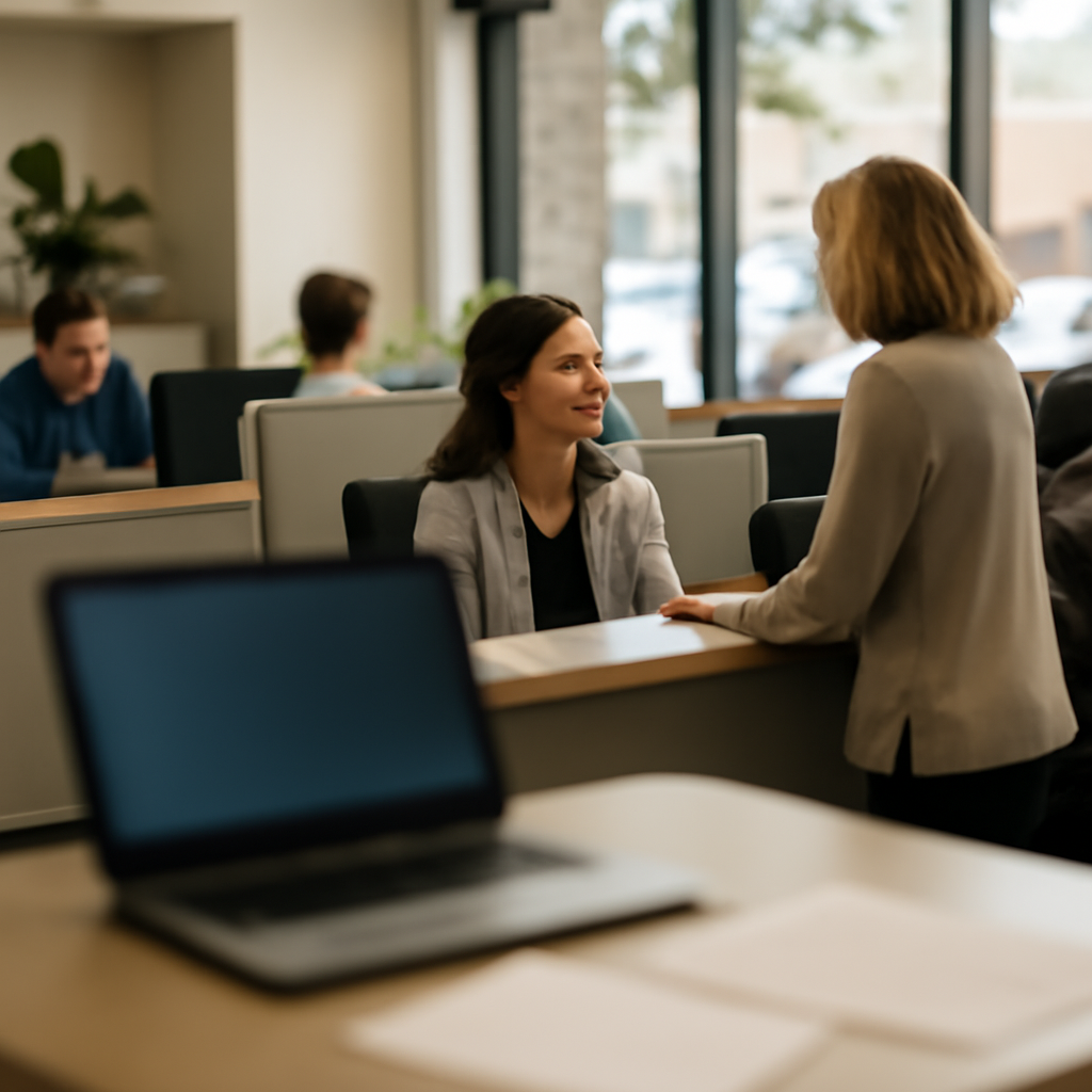 Busy office reception area with employees working and a customer service representative speaking with a client.