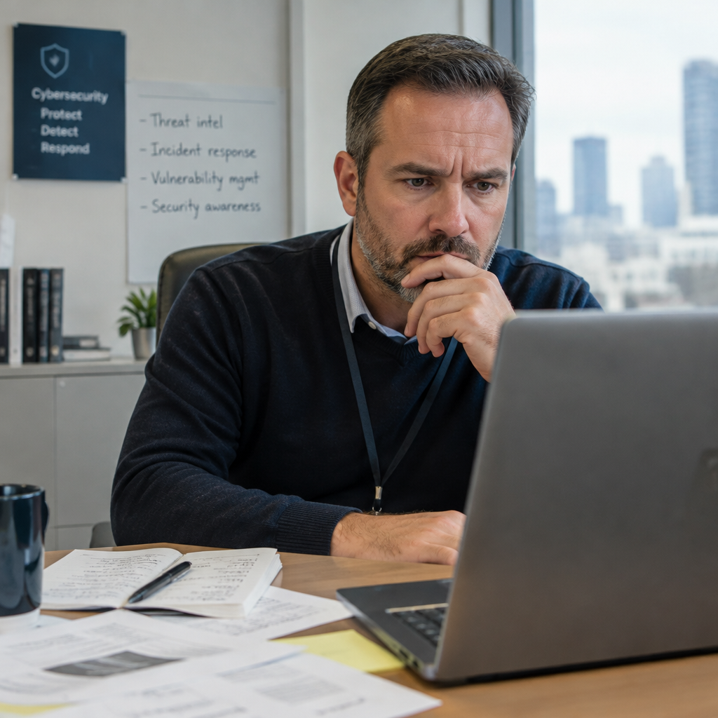 Concerned cybersecurity professional sits at desk with laptop and scattered papers.
