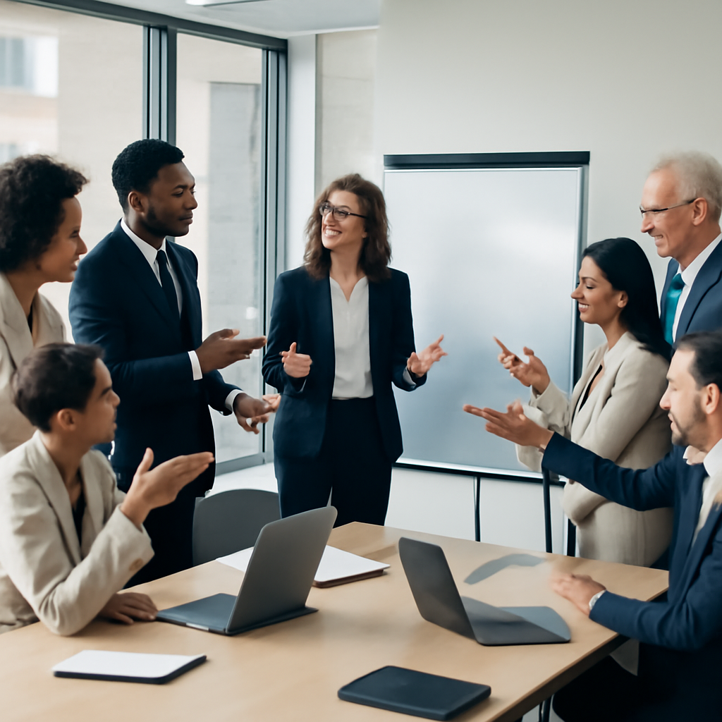 Diverse group of people gathered around a large whiteboard in a modern conference room.