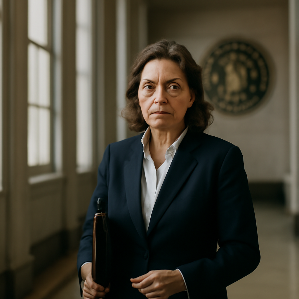 Senator or aide stands determined in a government hallway.