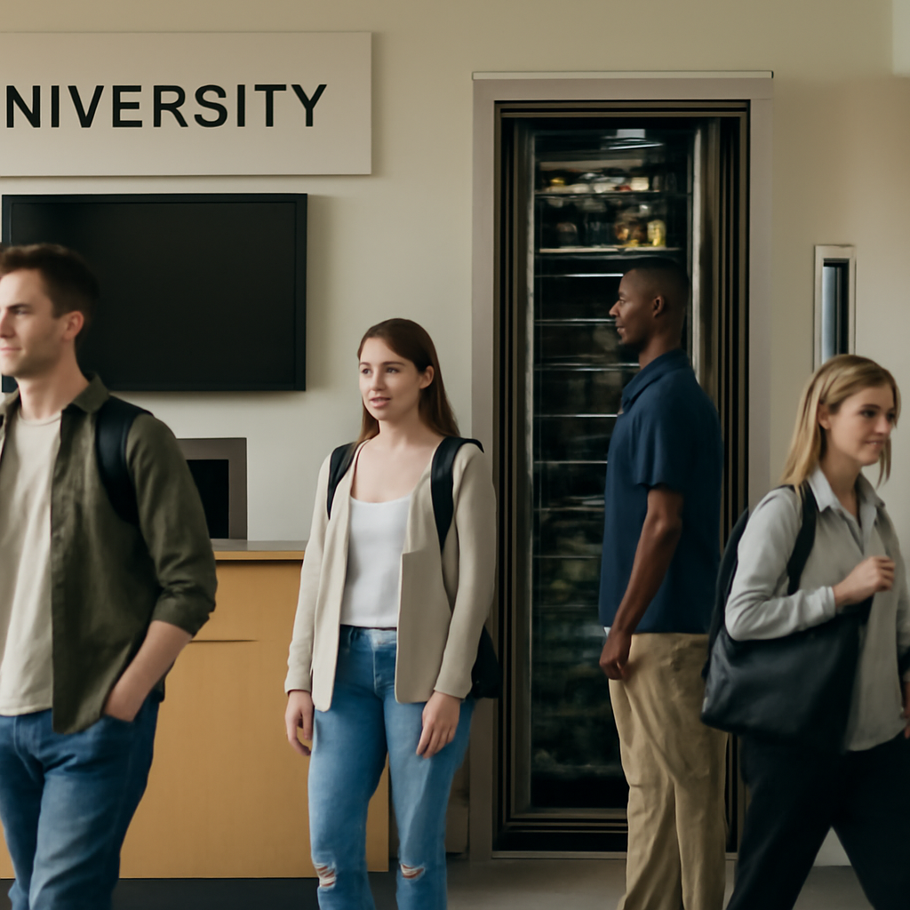 University building with students and staff, subtle tech infrastructure visible.