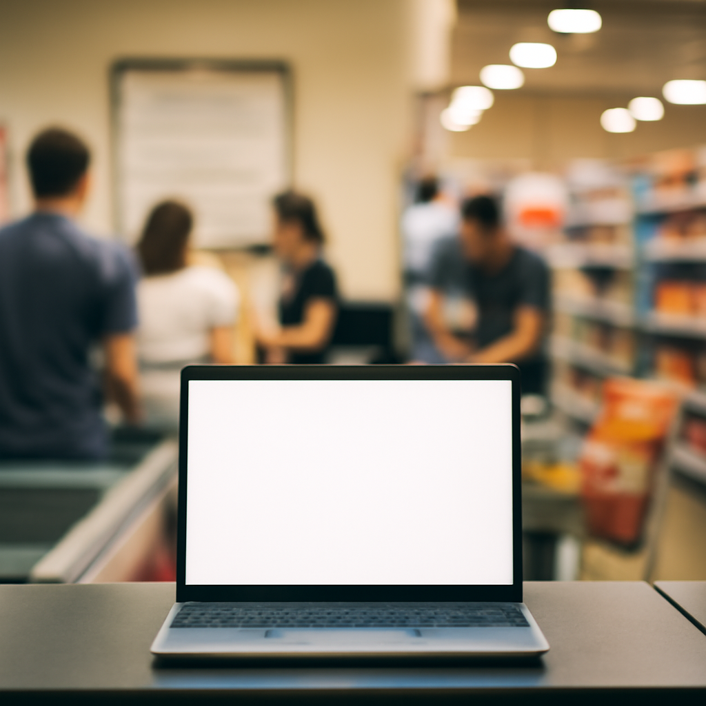 Store interior with notice on screen, customers and employees in background.