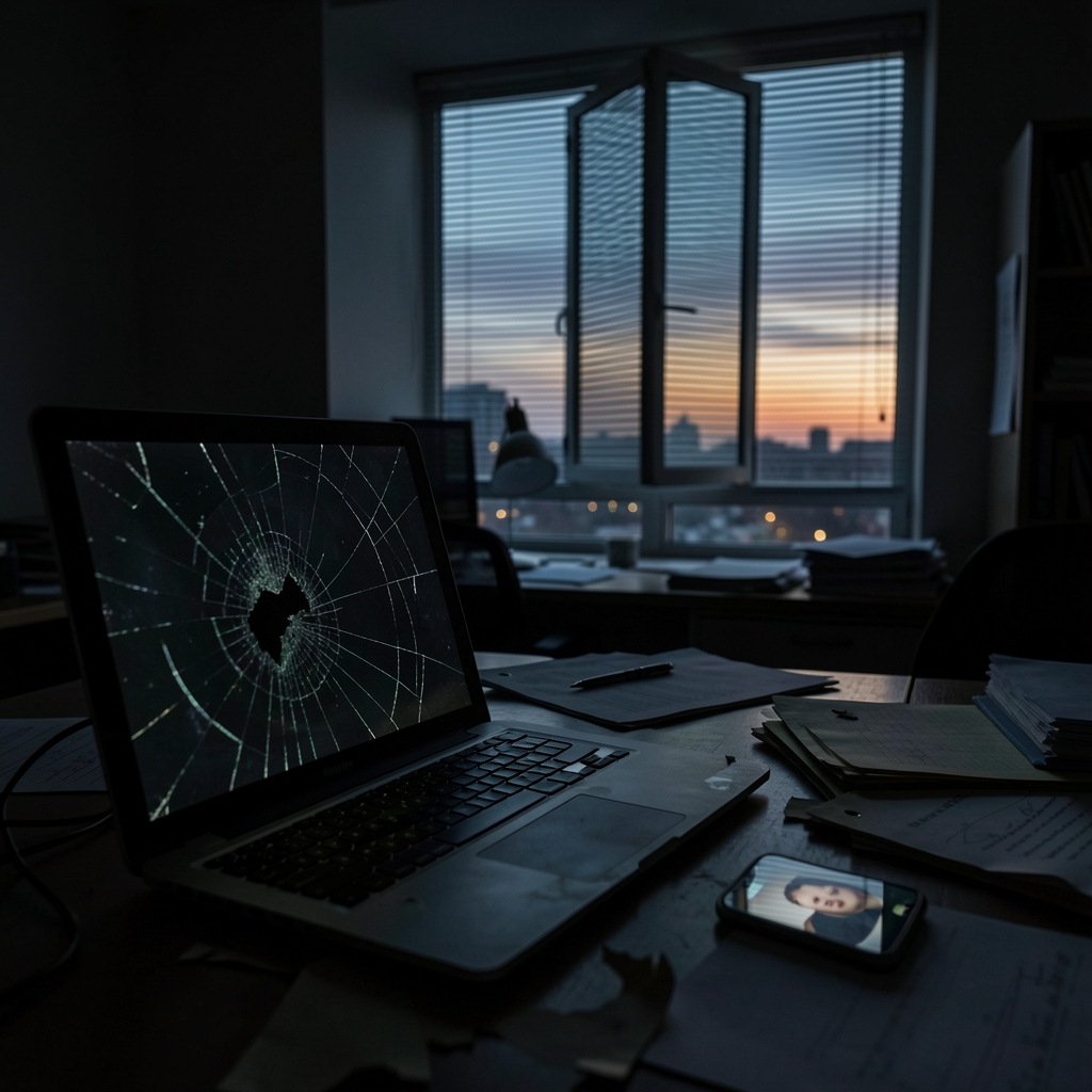 Dimly lit office with broken laptop, scattered papers, and torn files near an open window overlooking a cityscape at dusk.