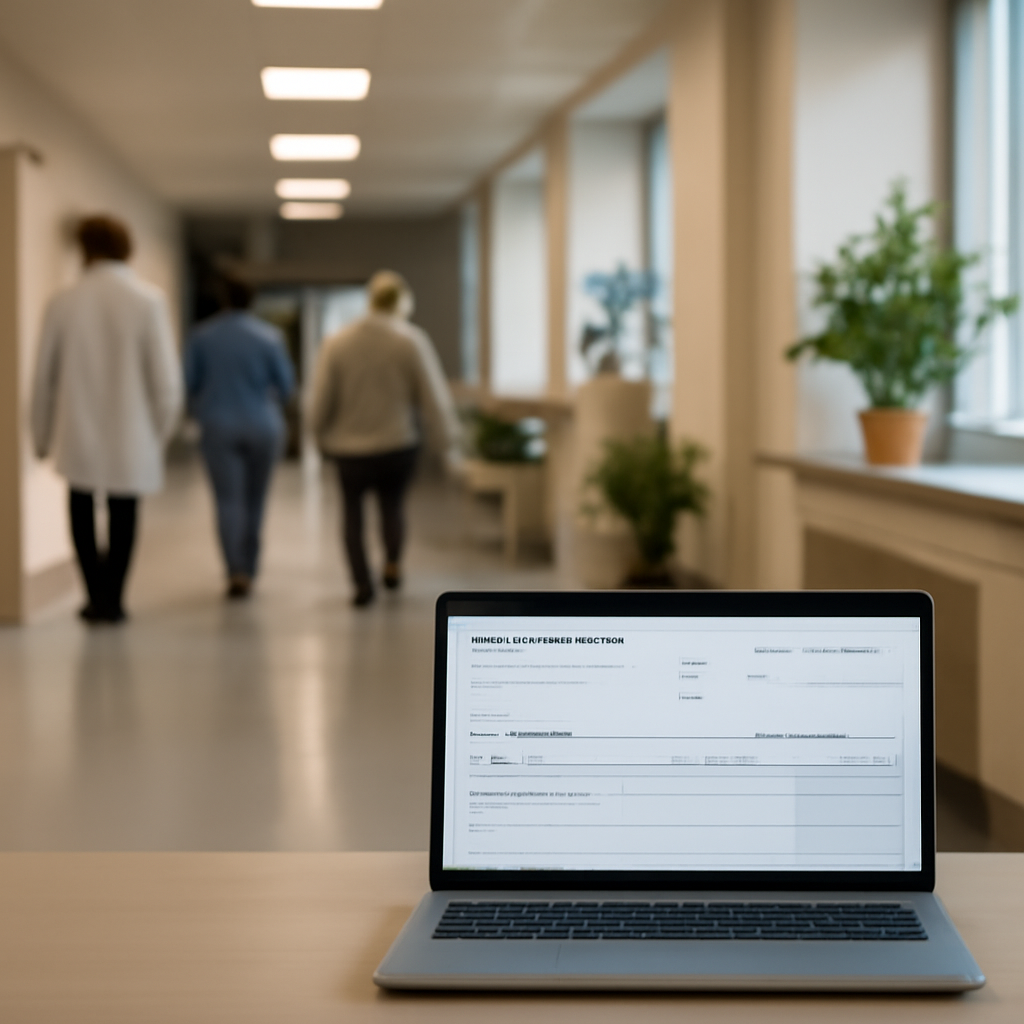 Hospital corridor with people, laptop on administrator's desk, natural light, and plants.