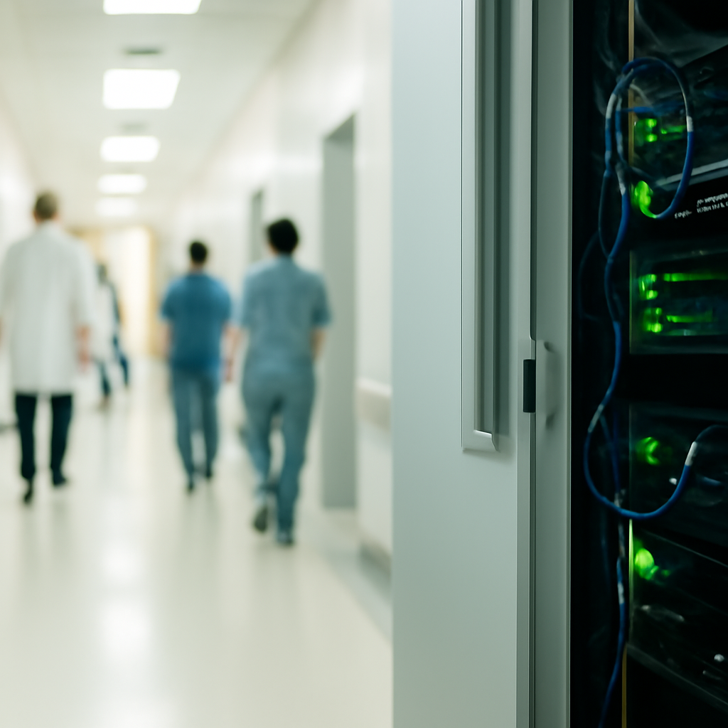 Hospital corridor with medical staff in background, server room door ajar, revealing blurred computer equipment inside.