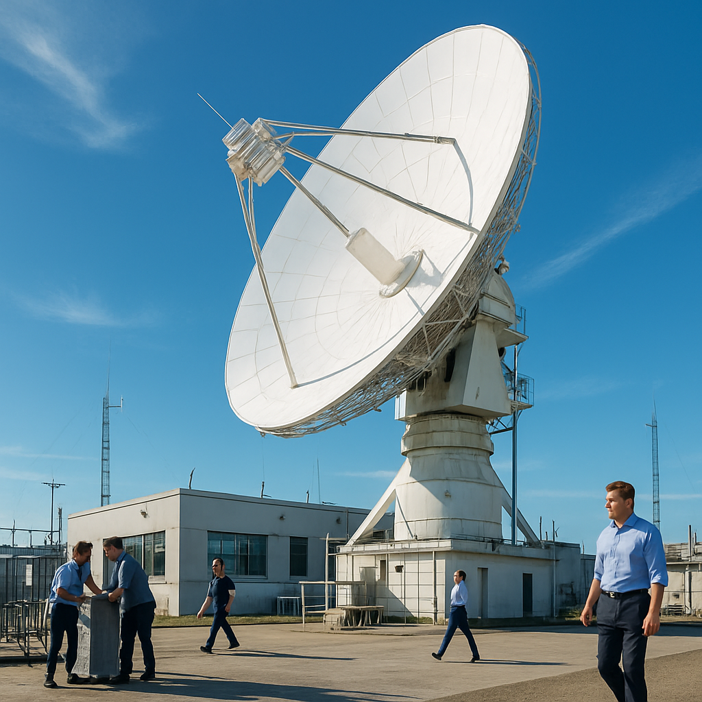Satellite ground station with large dish antenna and people working at outdoor consoles.