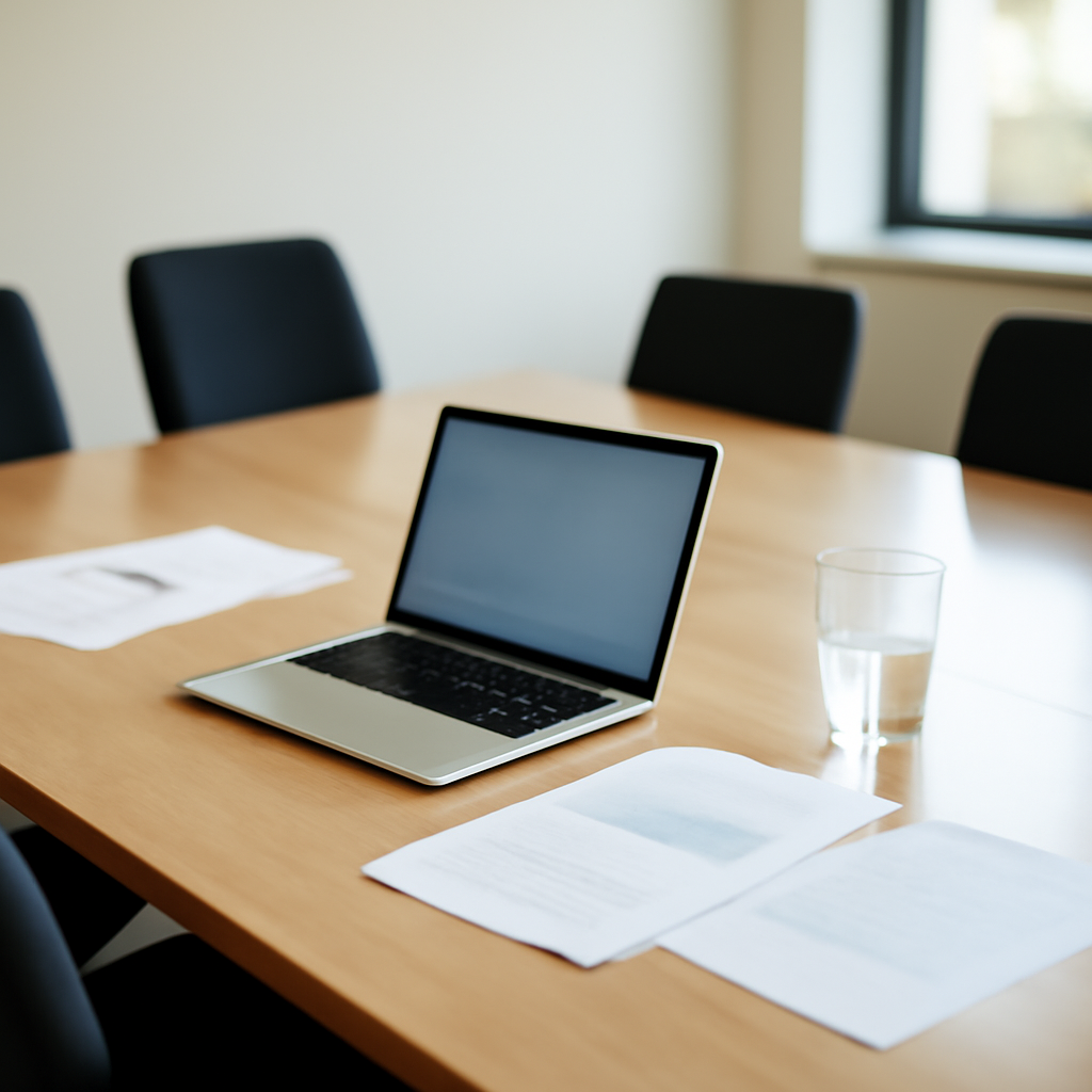 Blurred laptop screen on a conference table surrounded by chairs and papers in a bright office setting.