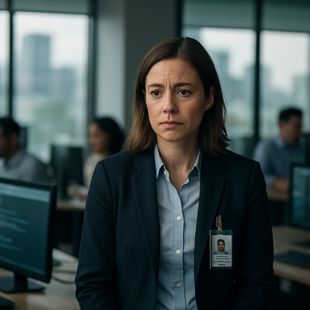 Concerned risk professional stands amidst blurred office screens and coworkers.