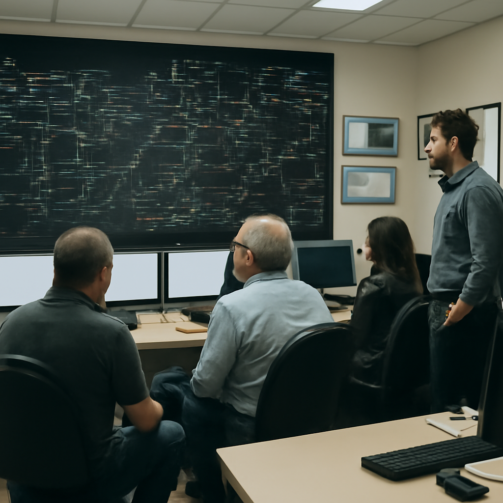 Control room with large screen monitors displaying critical infrastructure systems.