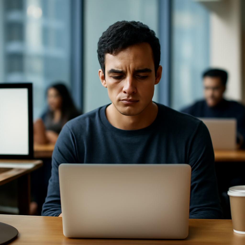 Person sits at laptop in coffee shop with blurred cityscape behind, face neutral and unfocused.