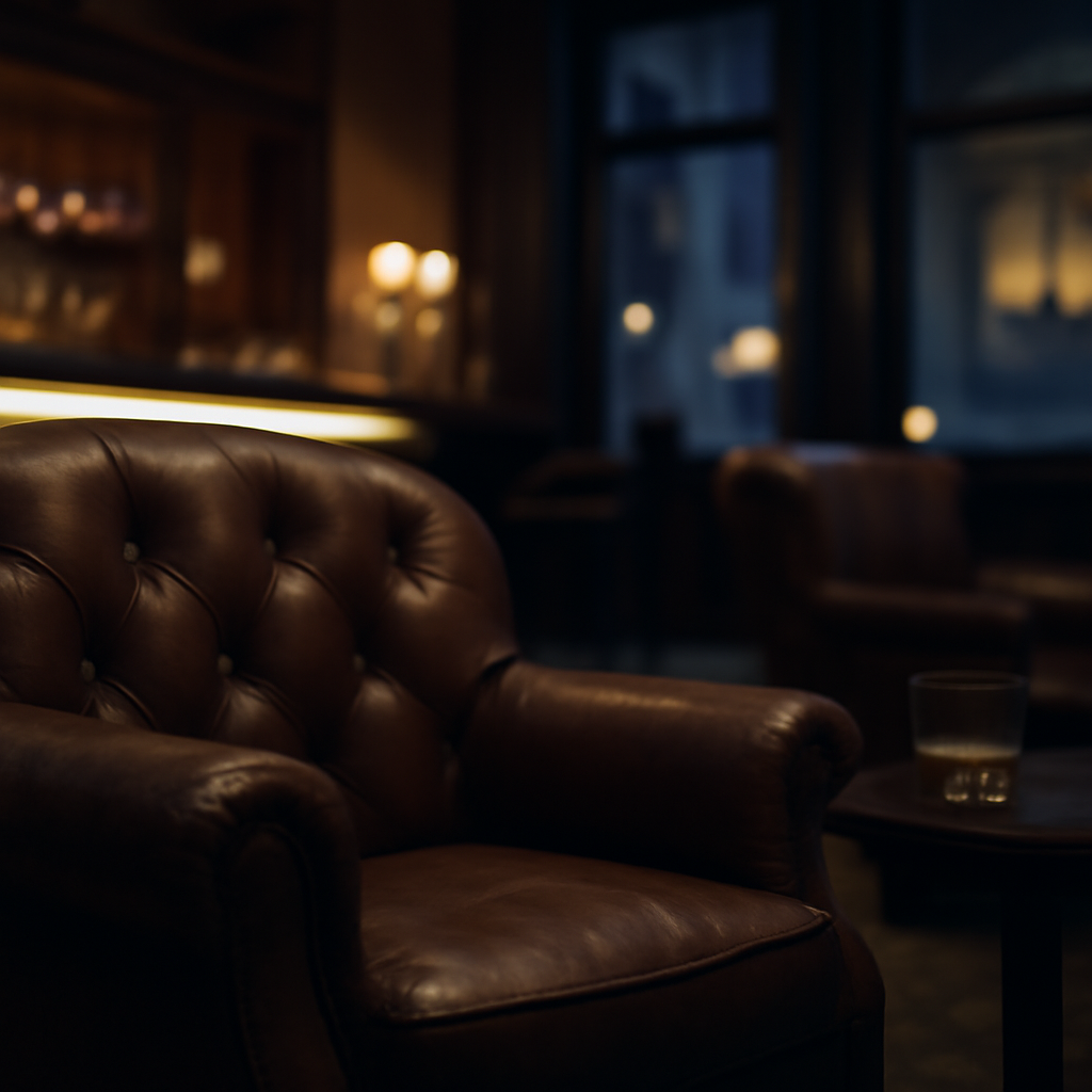 Upscale hotel bar with plush leather chair in foreground and blurred cityscape in background.