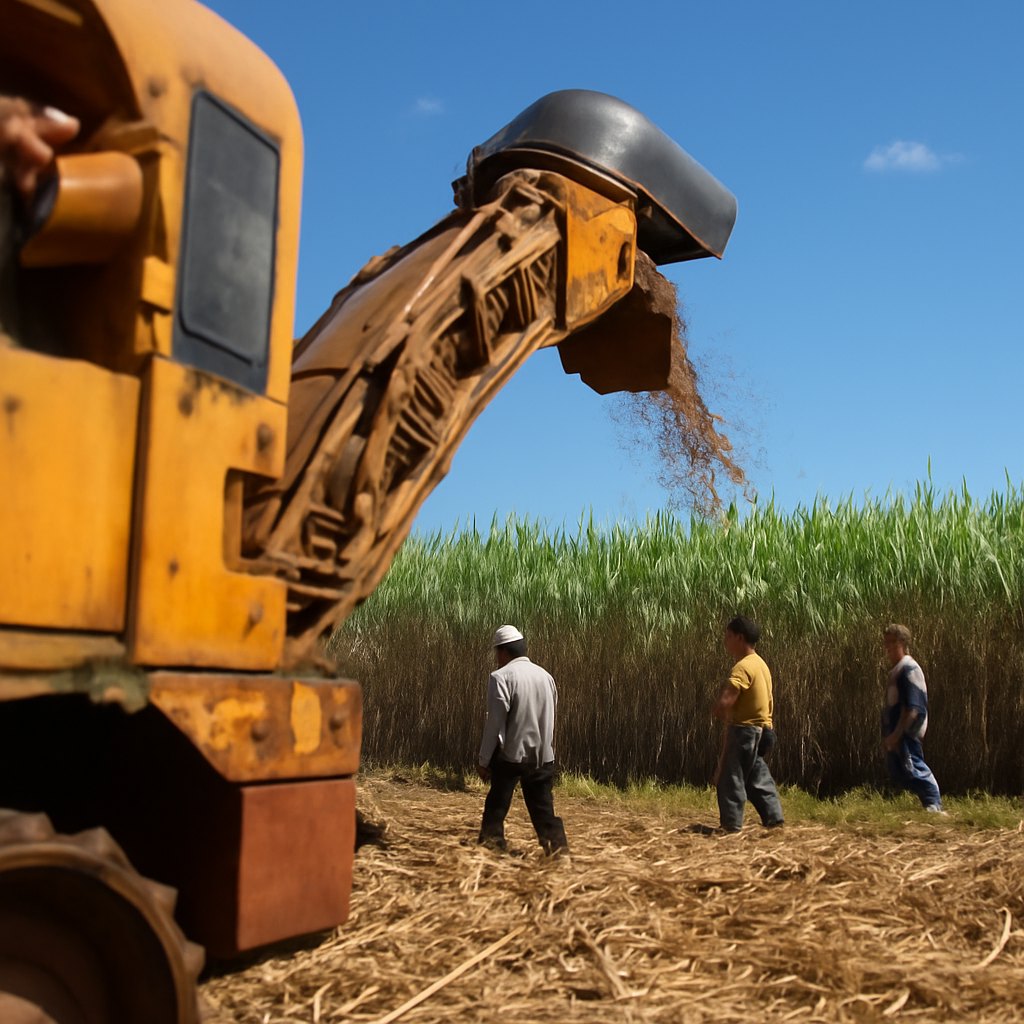 Workers stand in a sugarcane field with industrial equipment in the foreground under a clear Australian sky.