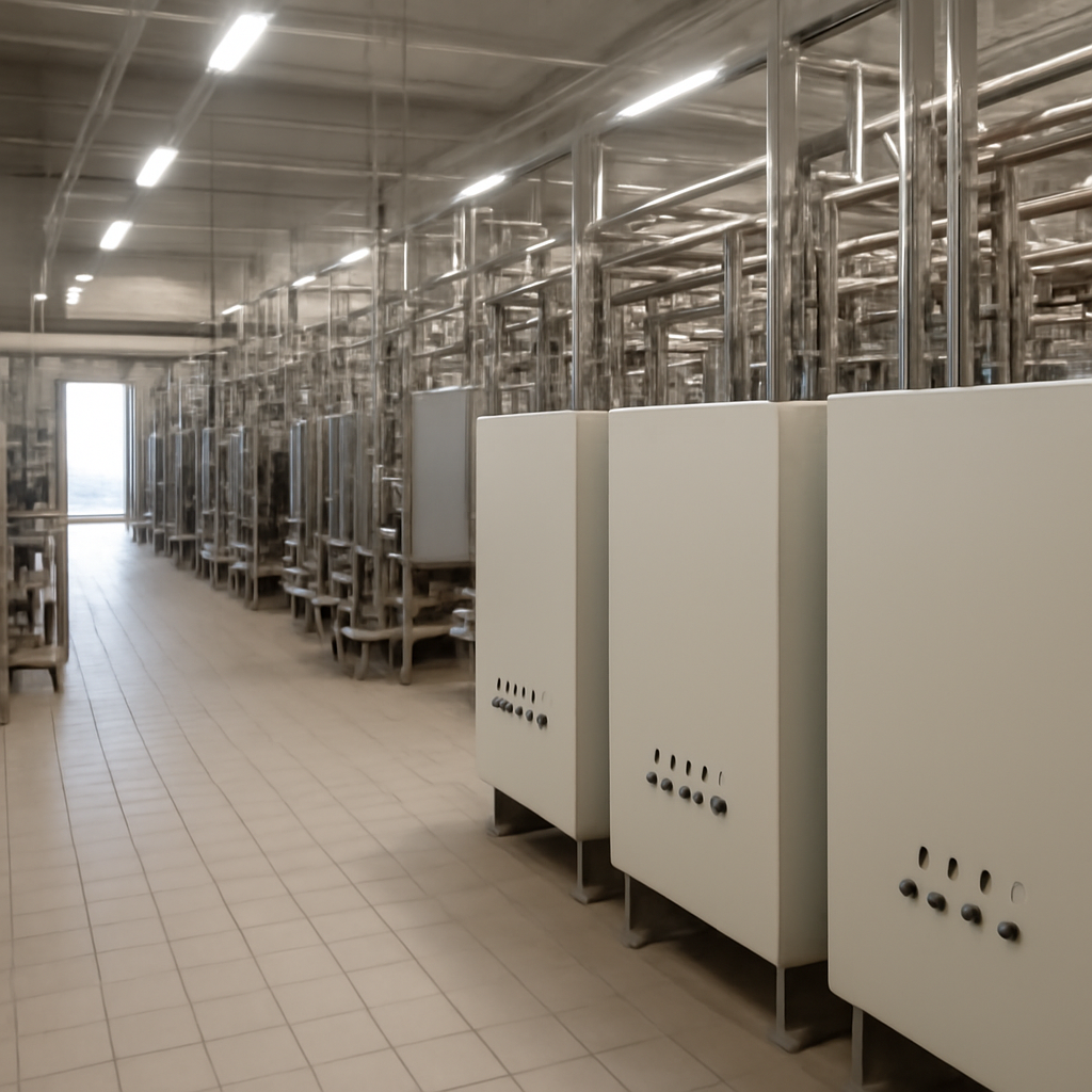 Interior of industrial facility with stainless steel equipment and blank control panels.