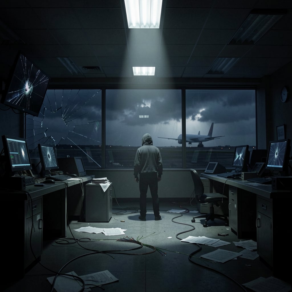 Dimly lit airport control room in disarray with shattered screens and lone figure in shadows.