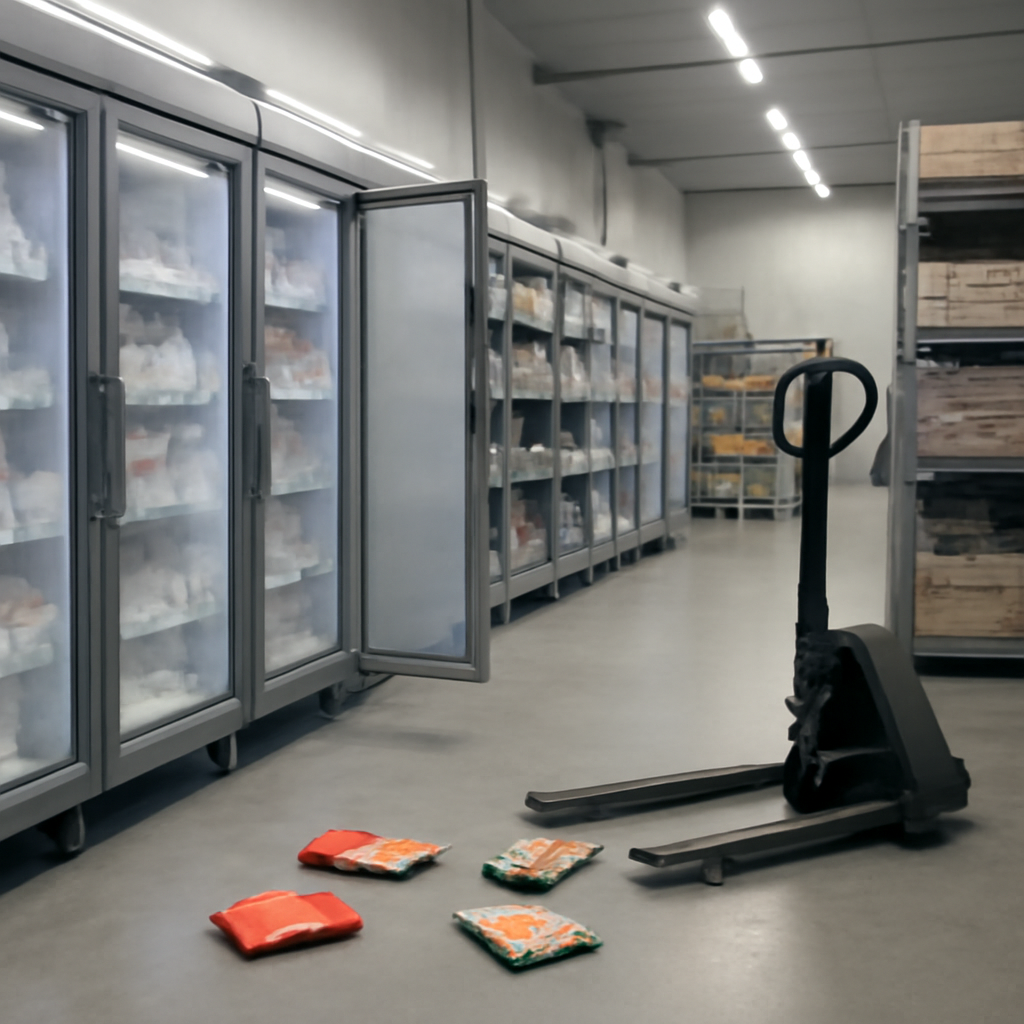 Refrigerated warehouse interior with frozen food storage units, some packages on floor, and a parked pallet jack.